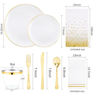 Festiva 176Pcs White and Gold Plastic Plates - White Plastic Plates with Gold Rim 25Guest include 25Dinner Plates 25Dessert Plates 25Cups 25 Cutlery 25Napkins for Thanksgiving Party&Wedding&Christmas