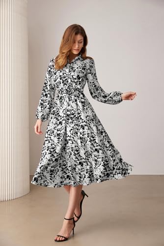 GRACE KARIN Women Floral Collar Shirt Dress Elegant Lantern Long Sleeve Casual Vacation Beachwear