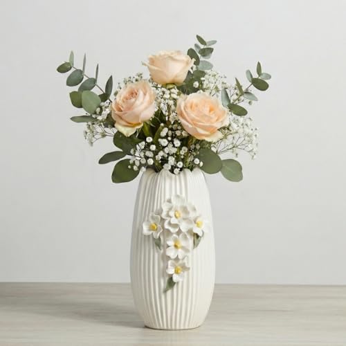 Amazon White Vase - Modern Boho Vases for Centerpieces, Minimalist Decorative Flower Vase for Pampas Grass, Dining Room Table, Shelf, Bathroom Decor, 9 Inch