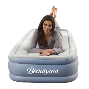 Beautyrest Hi-Loft Inflatable Mattress: Raised-Profile Air Bed with External Pump, Twin, Grey/White