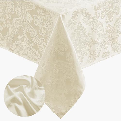 ELRENE HOME FASHIONS Caiden Elegance Damask Waterproof, Stain & Wrinkle Resistant Fabric Tablecloth, 60" x 144" Oblong/Rectangle, Ivory