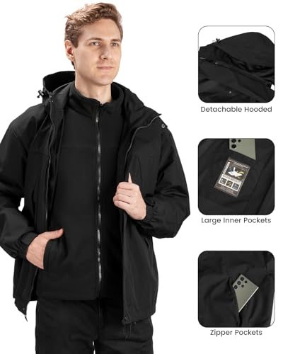 Ski Jackets for Men 3 in 1 Winter Jacket Waterproof Snow Coat with Removable Hood for Outdoor Hunting Skiing