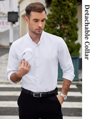 COOFANDY Mens 2-in-1 Dress Shirts Detachable Collar Long Sleeve Wrinkle Free Shirt Business Casual Button Down Shirt