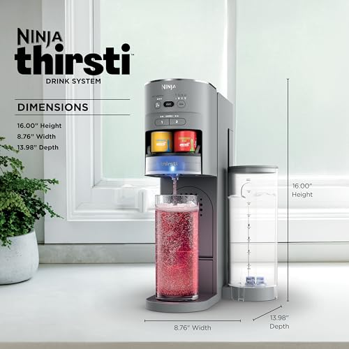 Amazon Ninja Thirsti Drink System, Soda Maker, Create Unique Sparkling & Still Drinks, Personalize Size & Flavor, Carbonated Water Machine, 60L CO2 Cylinder & Variety of Flavored Water Drops, Gray WC999AMZ