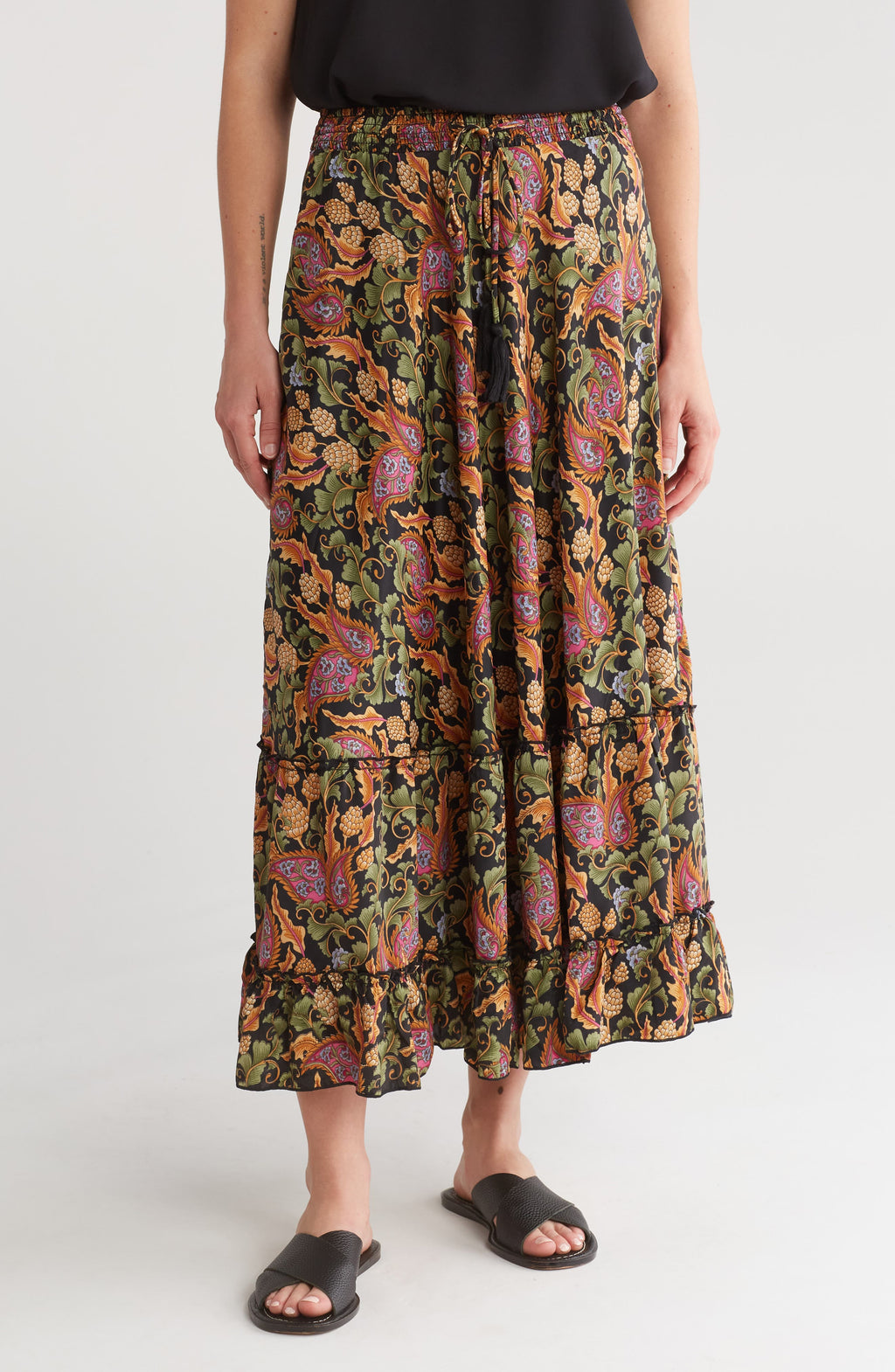 T Tahari Tiered Drawstring Waist Maxi Skirt, Main, color, Midnight Blooming Paisley
