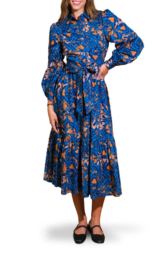FLYING TOMATO Print Long Sleeve Cotton Midi Shirtdress