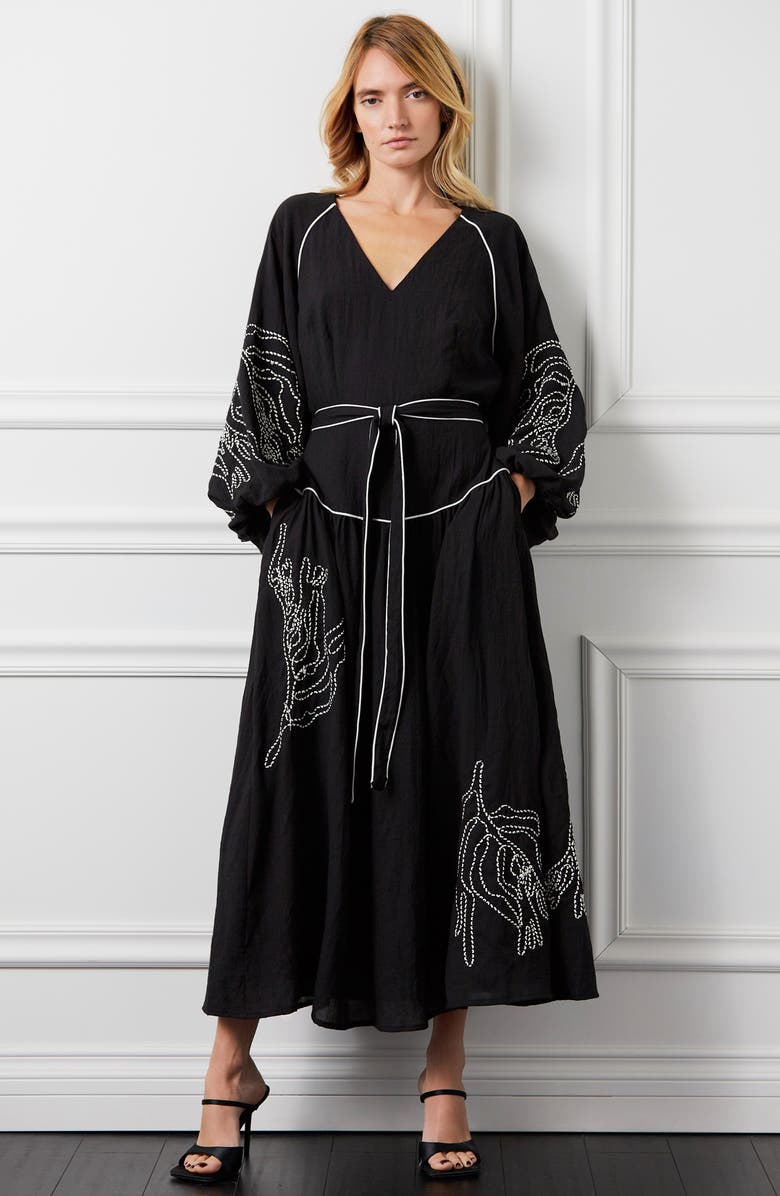 CIEBON Faye Embroidered Tie Waist Long Sleeve Maxi Dress