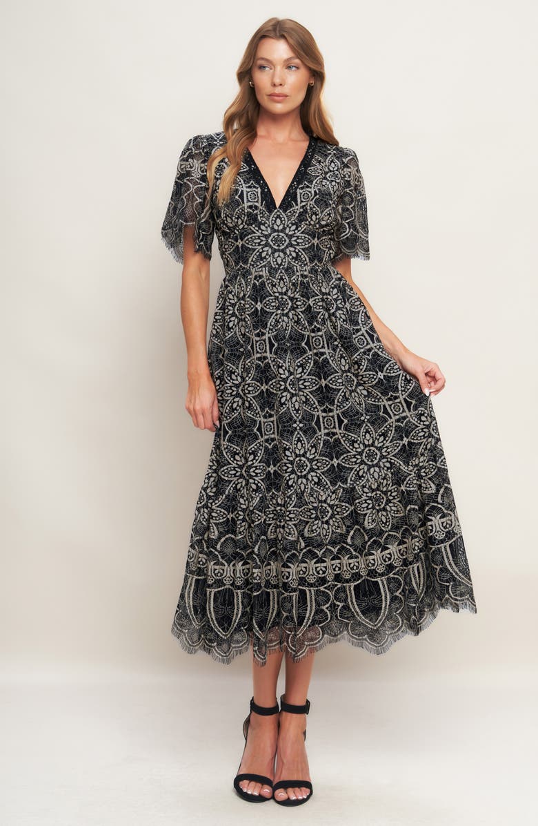 FLYING TOMATO Two-Tone Lace Short Sleeve Midi Dress