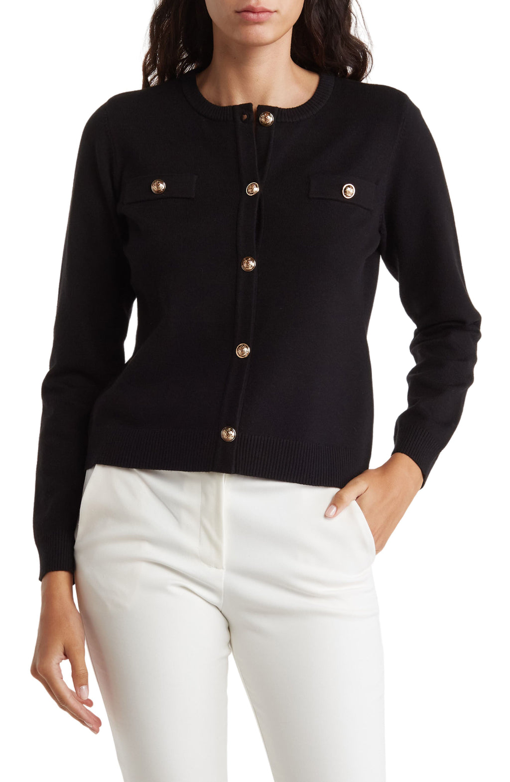 BY DESIGN Keira Chest Pocket Cardigan, Main, color, Black