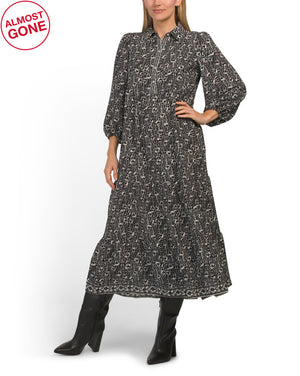 Three-quarter Sleeve Collar Button Front Tiered Maxi Dress