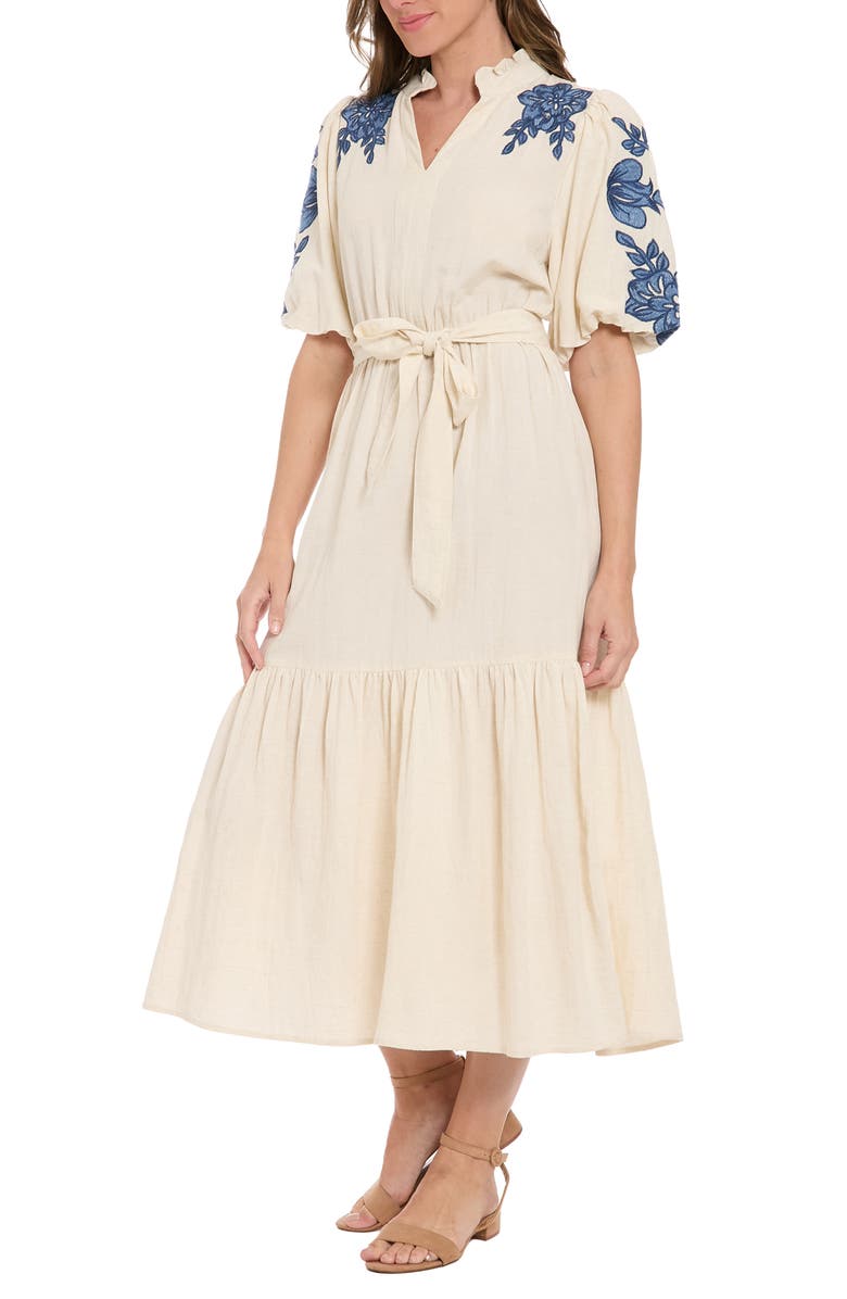 London Times Embroidered Bubble Sleeve Maxi Dress