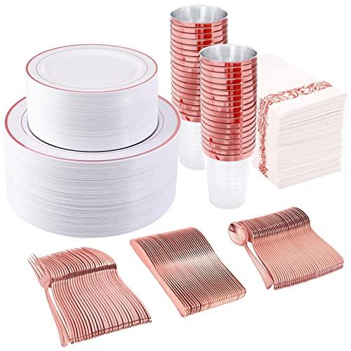 700 PCS Rose Gold Dinnerware Set-200 Rose Gold Plastic Plates-300 Rose Gold Disposable Silverware-100 Disposable Cups 10 oz-100 Paper Napkins,White Plates Rose Gold Rim for Party & Wedding