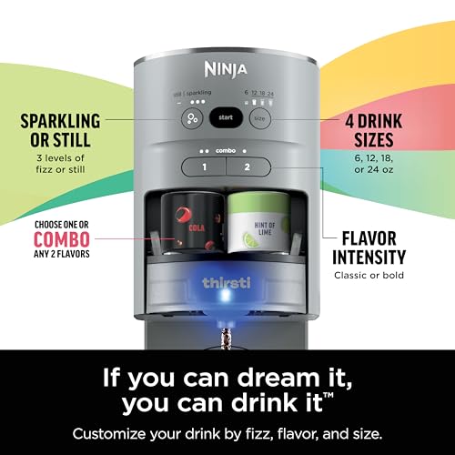 Amazon Ninja Thirsti Drink System, Soda Maker, Create Unique Sparkling & Still Drinks, Personalize Size & Flavor, Carbonated Water Machine, 60L CO2 Cylinder & Variety of Flavored Water Drops, Gray WC999AMZ