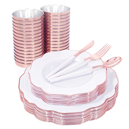 BUCLA 30Guest White And Rose Gold Plastic Plates With Rose Gold Plastic Silverware& Disposable Plastic Cups- Rose Gold Rim Plastic Dinnerware Ideal For Mother's Day, Weddings And Parties