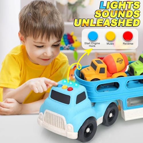 Toddler Toys for 1 2 3 4 Year Old Boys, Wheat Straw Toy Cars, No BPA Dump Truck, Mixer Cement, 3 in 1 Transport Carrier Trucks for Toddlers 2-4, Music Lights Learning Toy, Kids Christmas Birthday Gift