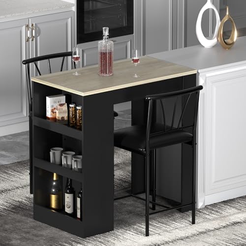 Amazon VECELO Small Bar Table and Chairs Tall Kitchen Breakfast Nook with Stools/Dining Set for 2, Storage Shelves, Space-Saving, Gray