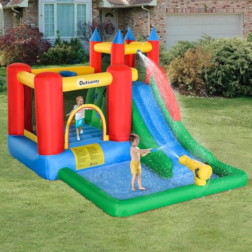 Outsunny 6-in-1 Kids Bounce House Inflatable Water Slide with Pool, Water Cannon, Climbing Wall, Inflator Included, Jumping Castle Kids Backyard Activity Outdoor Water Play Toy