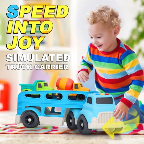 Toddler Toys for 1 2 3 4 Year Old Boys, Wheat Straw Toy Cars, No BPA Dump Truck, Mixer Cement, 3 in 1 Transport Carrier Trucks for Toddlers 2-4, Music Lights Learning Toy, Kids Christmas Birthday Gift