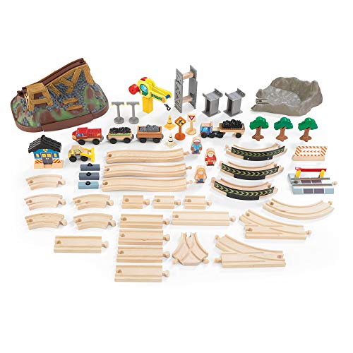 KidKraft Bucket Top Construction Wooden Train Set with Bulldozer, Working Crane, Tracks, Storage and 61 Play Pieces, Gift for Ages 3+