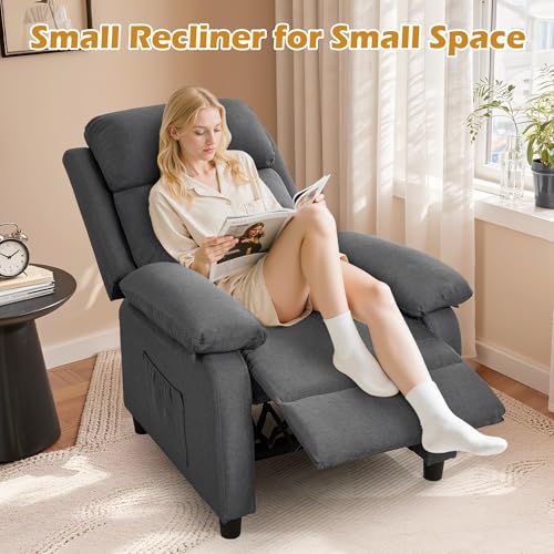 Amazon Recliner Chair for Adults, Padded Deep Seat Reading Chair with Side Pockets, Small Recliners for Small Spaces, Adjustable Chair for Living Room, Bedroom, and RV (Linen)