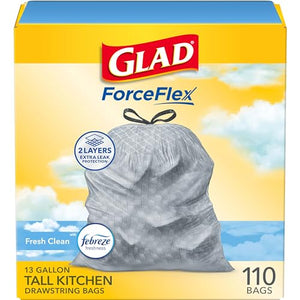 Glad Tall Kitchen Drawstring Trash Bags - Odorshield 13 Gallon White Trash Bag, Febreze Fresh Clean, 110 Count