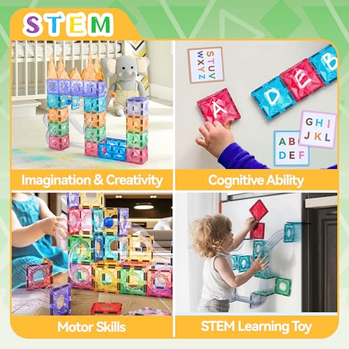 171 PCS Magnetic Tiles and Marble Run Set, Magnet Building Race Track Toys with Learning Card and Storage Bag for Kids, STEM Educational Blocks for Boys Girls Ages 3 4 5 6 7 8+ Birthday Gifts