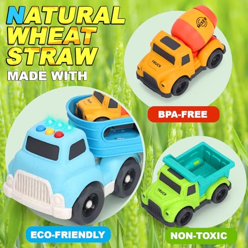 Toddler Toys for 1 2 3 4 Year Old Boys, Wheat Straw Toy Cars, No BPA Dump Truck, Mixer Cement, 3 in 1 Transport Carrier Trucks for Toddlers 2-4, Music Lights Learning Toy, Kids Christmas Birthday Gift