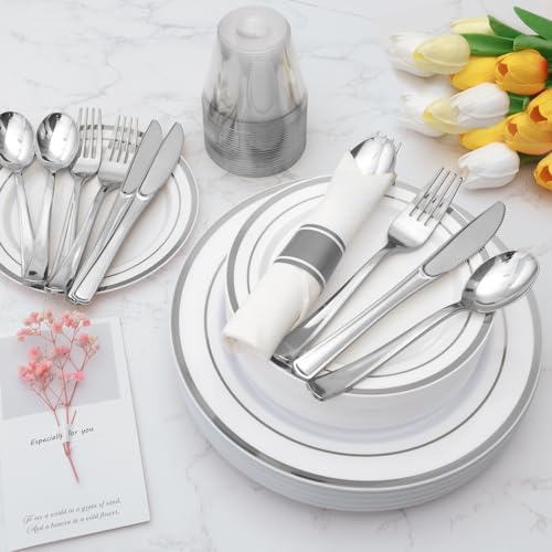 175 Piece Silver Plastic Dinnerware Set for 25 Guests, Fancy Disposable Plates for Party, Include: 25 Dinner Plates, 25 Dessert Plates, 25 Pre Rolled Napkins with Silver Silverware, 25 Cups