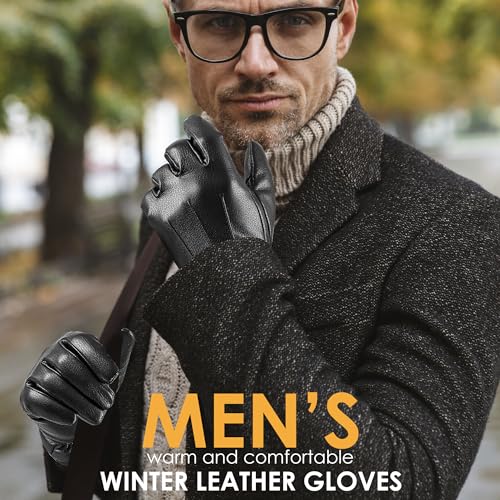 Winter Fashion Leather Gloves for Men, Finger Touchscreen Texting Wool Lined Warm Windproof Suede Driving Gloves