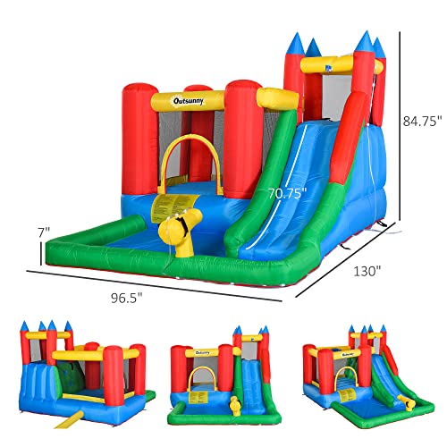 Outsunny 6-in-1 Kids Bounce House Inflatable Water Slide with Pool, Water Cannon, Climbing Wall, Inflator Included, Jumping Castle Kids Backyard Activity Outdoor Water Play Toy