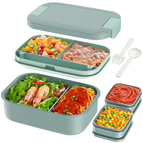 Adult Lunch Bento Box - 66oz / 1960ml Bento Box for Adult, Lunch Containers with 2 Sauce Containers & Utensil Set, 100% Leak Proof, BPA-Free, Dishwasher/Microwave Safe, Office, School & Picnic, Green