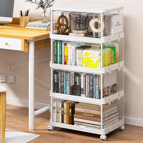 SNSLXH Clear Storage Bins with Lids & Wheels, Stackable Plastic Craft Containers, Large Closet Organizers Box for Bedrooms Living Rooms 24 QT, 4-Tiers