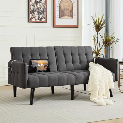 Amazon TYBOATLE 65“ Convertible Futon Sofa Bed w/ 2 USB, Upholstered Tufted Small Adjustable Folding Couch Loveseat, Modern Mid Century Sleeper Sofa for Living Room, Bedroom, Apartment, Office (Dark Grey)