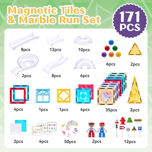 171 PCS Magnetic Tiles and Marble Run Set, Magnet Building Race Track Toys with Learning Card and Storage Bag for Kids, STEM Educational Blocks for Boys Girls Ages 3 4 5 6 7 8+ Birthday Gifts