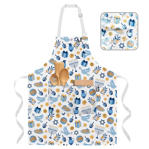 Professional Grade Premium Chef Kitchen Aprons for Cooking with Two Pockets, Water and Stain-Resistant, Machine Washable, Cute Cooking Aprons for Women and Men (Seasonal, Happy Hanukkah)
