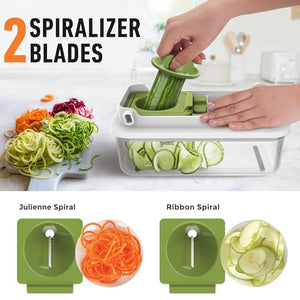 Mueller Pro-Series V Blade Veggie Chopper, Egg Slicer, Spiralizer, Dicer, Cutter, Food Chopper, Gifts for Mom, Kitchen Accessories & Kitchen Essentials with Food Container and Lid White Sand/Green