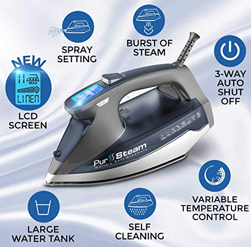 PurSteam Steam Iron for Clothes 1800W with LCD Screen, Nonstick Ceramic Soleplate, Auto Shutoff, Anti-Drip, Self-Cleaning