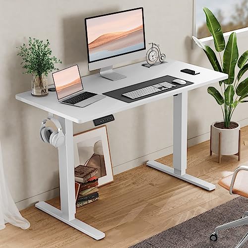 SMUG Standing Desk, Adjustable Height Electric Sit Stand Up Down Computer Table, 40x24 Inch Ergonomic Rising Desks for Work Office Home, Modern Lift Motorized Gaming Desktop Workstation, White