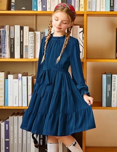 Amazon Arshiner Girls Long Sleeve Dress Tween Fall Formal Party Holiday Midi Tiered Flowy Swing Dresses with Belt 5-13 Y