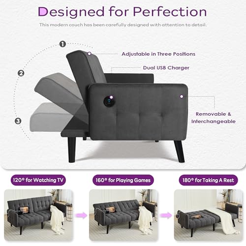 Amazon TYBOATLE 65“ Convertible Futon Sofa Bed w/ 2 USB, Upholstered Tufted Small Adjustable Folding Couch Loveseat, Modern Mid Century Sleeper Sofa for Living Room, Bedroom, Apartment, Office (Dark Grey)