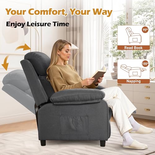 Amazon Recliner Chair for Adults, Padded Deep Seat Reading Chair with Side Pockets, Small Recliners for Small Spaces, Adjustable Chair for Living Room, Bedroom, and RV (Linen)