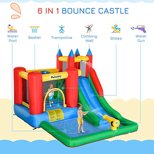 Outsunny 6-in-1 Kids Bounce House Inflatable Water Slide with Pool, Water Cannon, Climbing Wall, Inflator Included, Jumping Castle Kids Backyard Activity Outdoor Water Play Toy