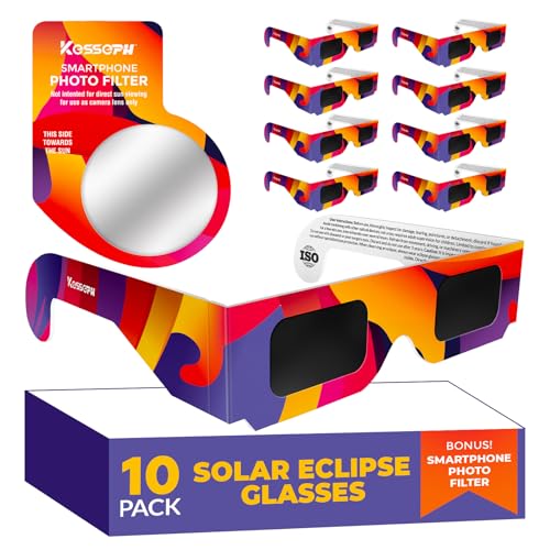 Solar Eclipse Glasses AAS Approved 2024, (10 Pack) CE and ISO Certified Eclipse Observation Glasses, Safe Shades for Direct Sun Viewing, Bonus Smartphone Photo Filter Lens, Colorful Waves Design