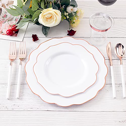 BUCLA 30Guest White And Rose Gold Plastic Plates With Rose Gold Plastic Silverware& Disposable Plastic Cups- Rose Gold Rim Plastic Dinnerware Ideal For Mother's Day, Weddings And Parties