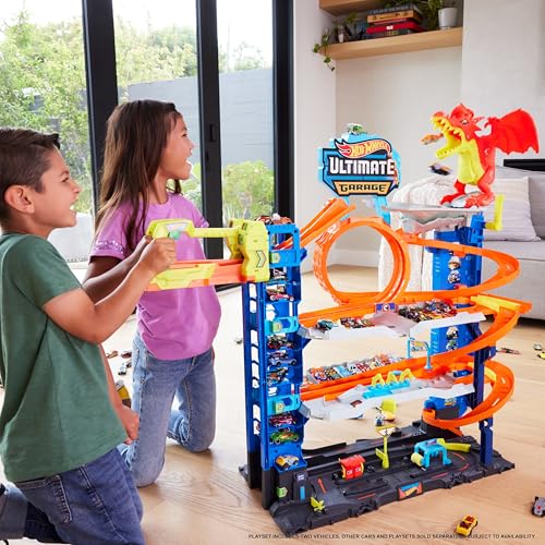 Hot Wheels City Ultimate Garage Track Set with 2 Die-Cast Toy Cars & Car-Eating Dragon, Stores 50+ Vehicles, 4 Levels