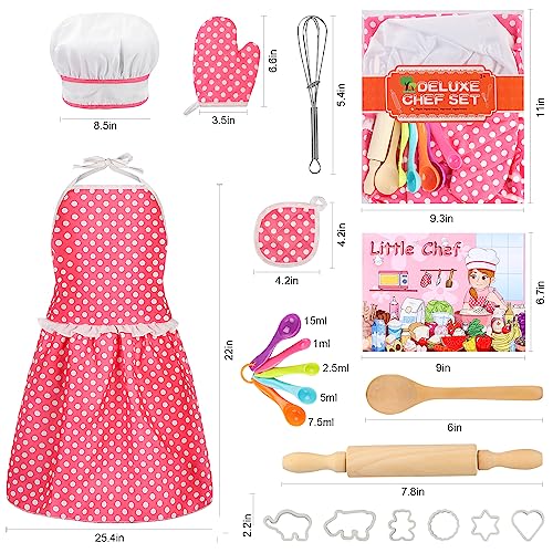 Kids Cooking Baking Set 19Pcs, Kids Chef Role Play Costume Set - Chef Hat and Matching Pink Apron Children Dress up Pretend Gift for 3 4 5 6 7 8 Year Old Girls Toys