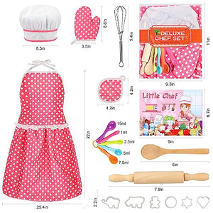 Kids Cooking Baking Set 19Pcs, Kids Chef Role Play Costume Set - Chef Hat and Matching Pink Apron Children Dress up Pretend Gift for 3 4 5 6 7 8 Year Old Girls Toys