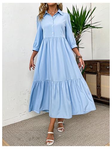 MakeMeChic Women's Lantern Sleeve Ruffle Tiered Maxi Dress Button Smocked Dresses