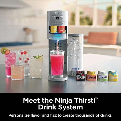 Amazon Ninja Thirsti Drink System, Soda Maker, Create Unique Sparkling & Still Drinks, Personalize Size & Flavor, Carbonated Water Machine, 60L CO2 Cylinder & Variety of Flavored Water Drops, Gray WC999AMZ