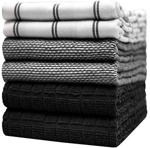 Premium Kitchen Towels (20”x 28”, 6 Pack) | Large Cotton Hand Towels | Flat & Terry Dish Towels | Highly Absorbent Tea Towels Set with Hanging Loop | Black Check